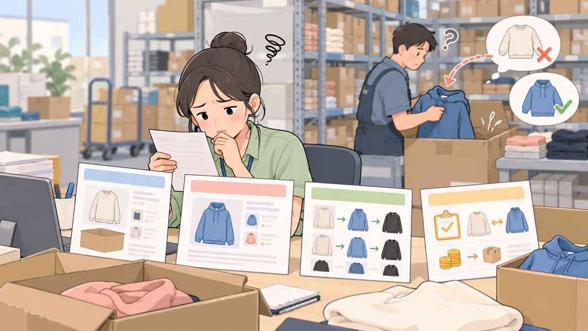 原订单、申请规格、商品对应关系、已批准换货规则构成的简洁淡色平面卡通工作场景