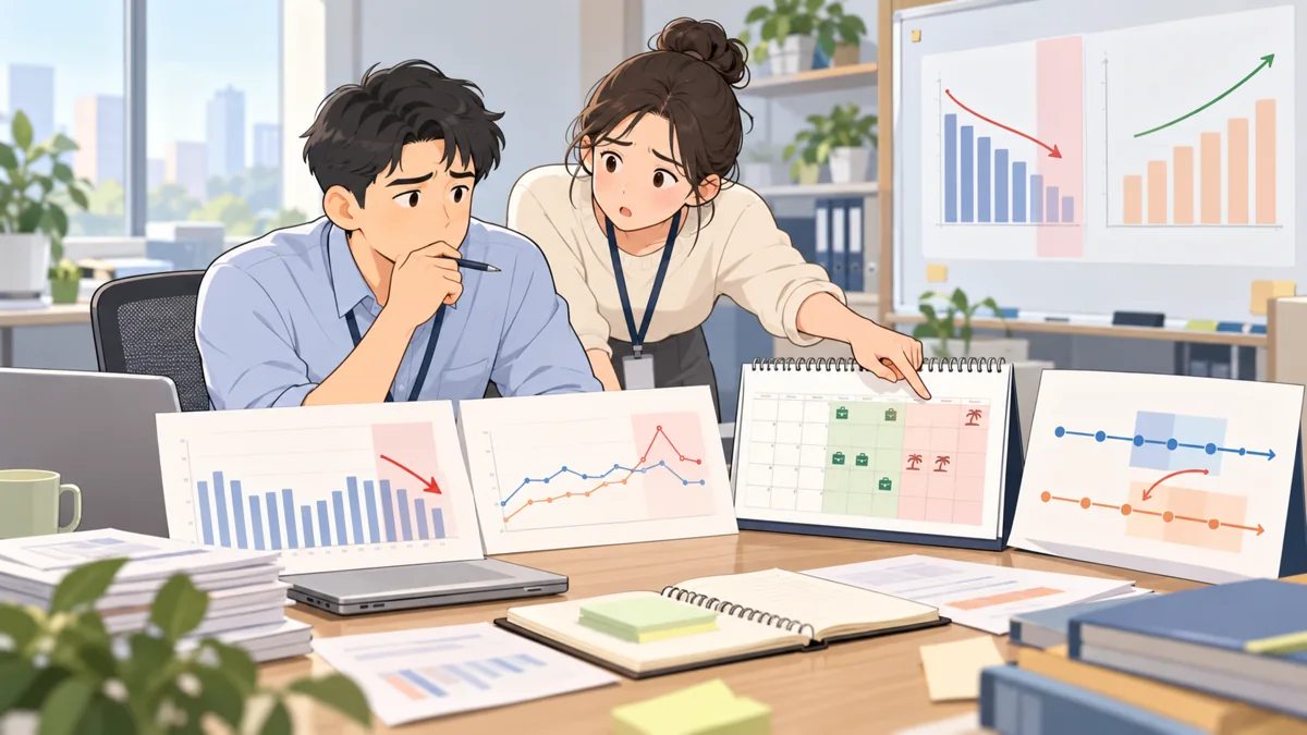 逐日业务数据、批准周定义、工作日历、同比映射构成的简洁淡色平面卡通工作场景
