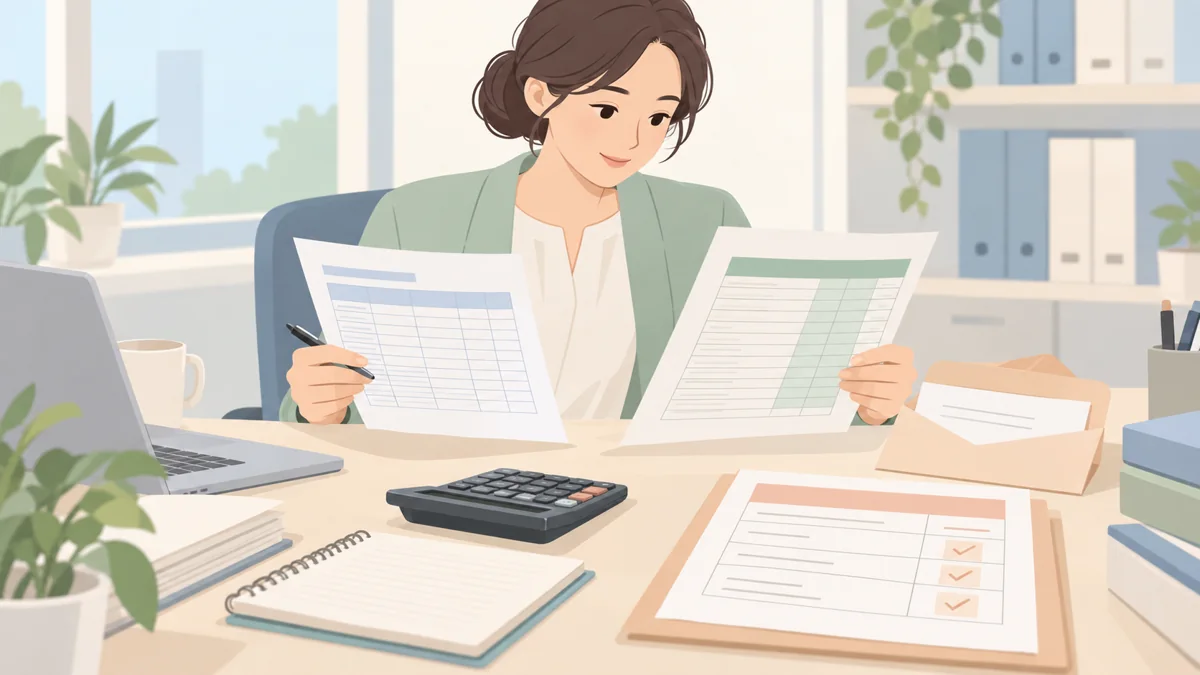 分期计划表、剩余本金账、结清请求信、费用审批页构成的简洁淡色平面卡通工作场景