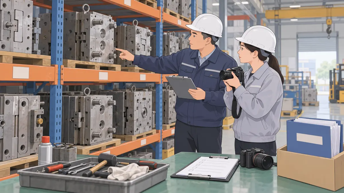 生产工程、资产管理员或客户项目经理处理客户所有的模具和工装长期存放在工厂，台账位置、使用次数和保养记录不一致的淡色平面卡通场景