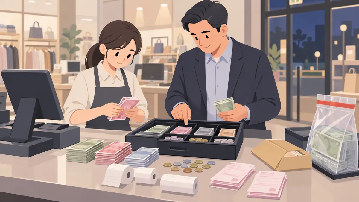 门店店长、零售财务或稽核人员处理班次结束清点钱箱时,现金实存与收银系统应有金额不一致的淡色平面卡通场景