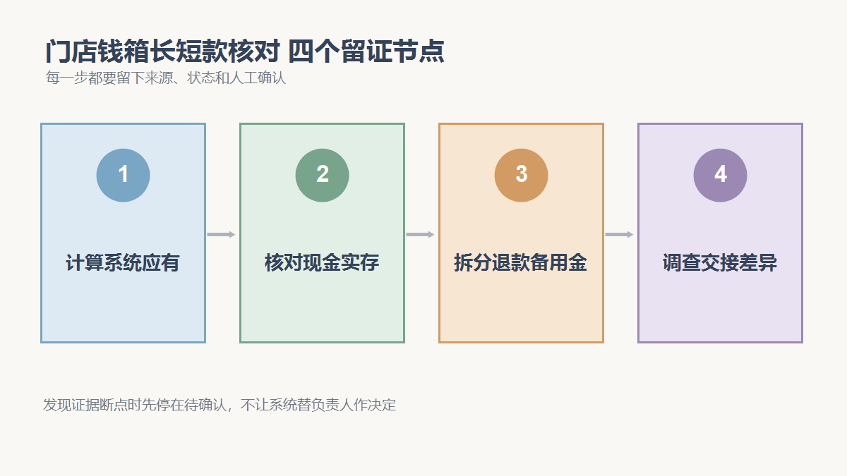 计算系统应有、核对现金实存、拆分退款备用金、调查交接差异四个检查节点