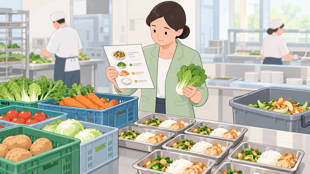原料筐、配方卡、餐盘、损耗记录桶构成的简洁淡色平面卡通工作场景