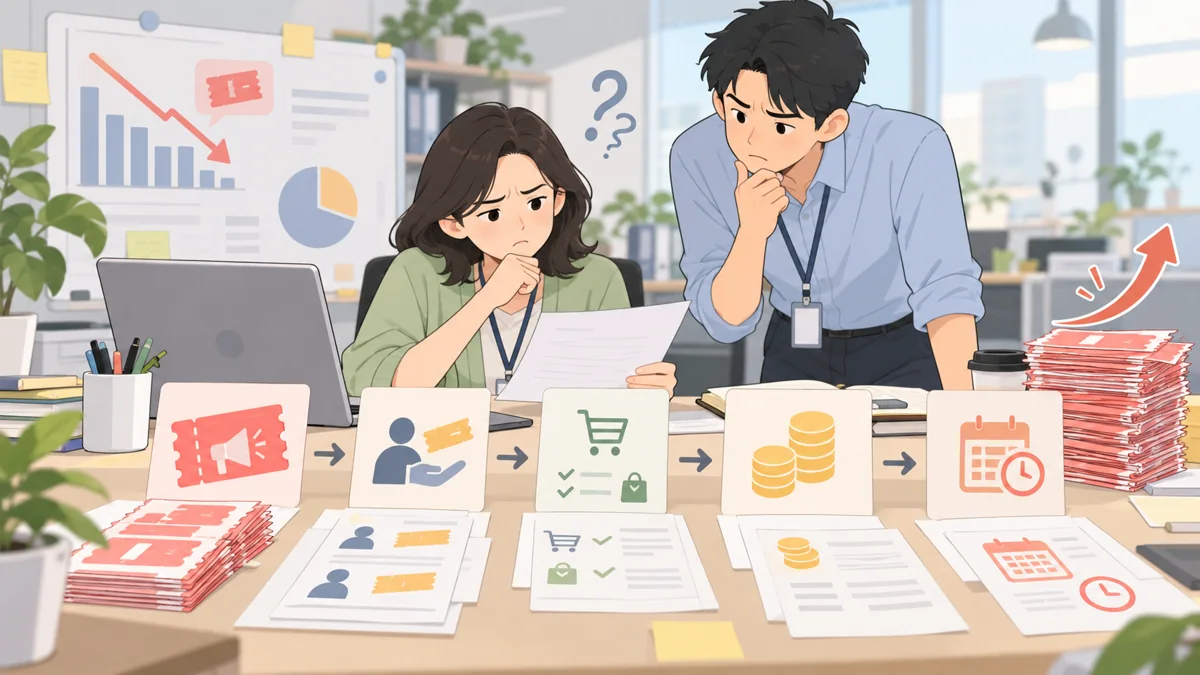 发券、领取、适用条件、结算与有效期记录构成的简洁淡色平面卡通工作场景
