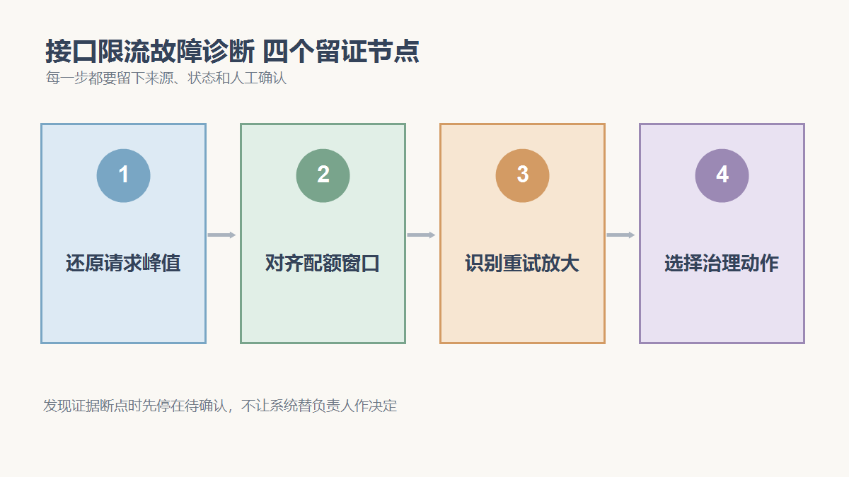 还原请求峰值、对齐配额窗口、识别重试放大、选择治理动作四个检查节点
