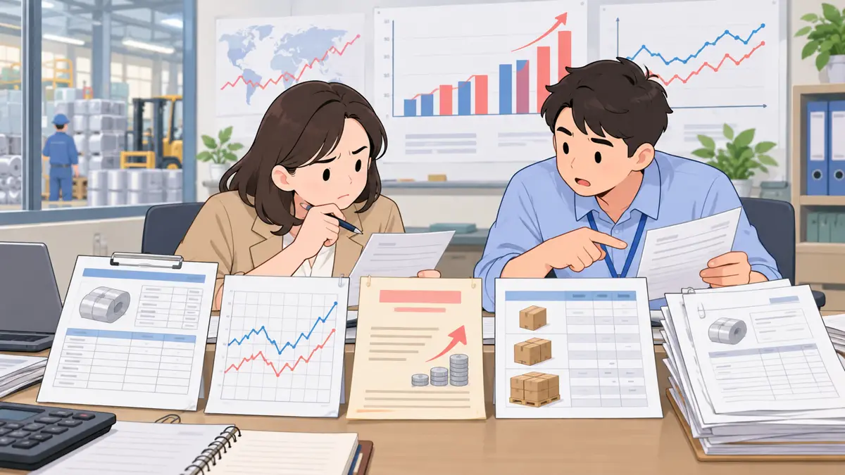 成本会计、采购分析或工厂财务人员处理月度采购价格差异明显偏离预算，但总额无法解释具体来源的淡色平面卡通场景