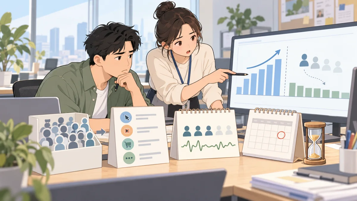 脱敏注册批次、事件定义、有效会话、观察截止日构成的简洁淡色平面卡通工作场景