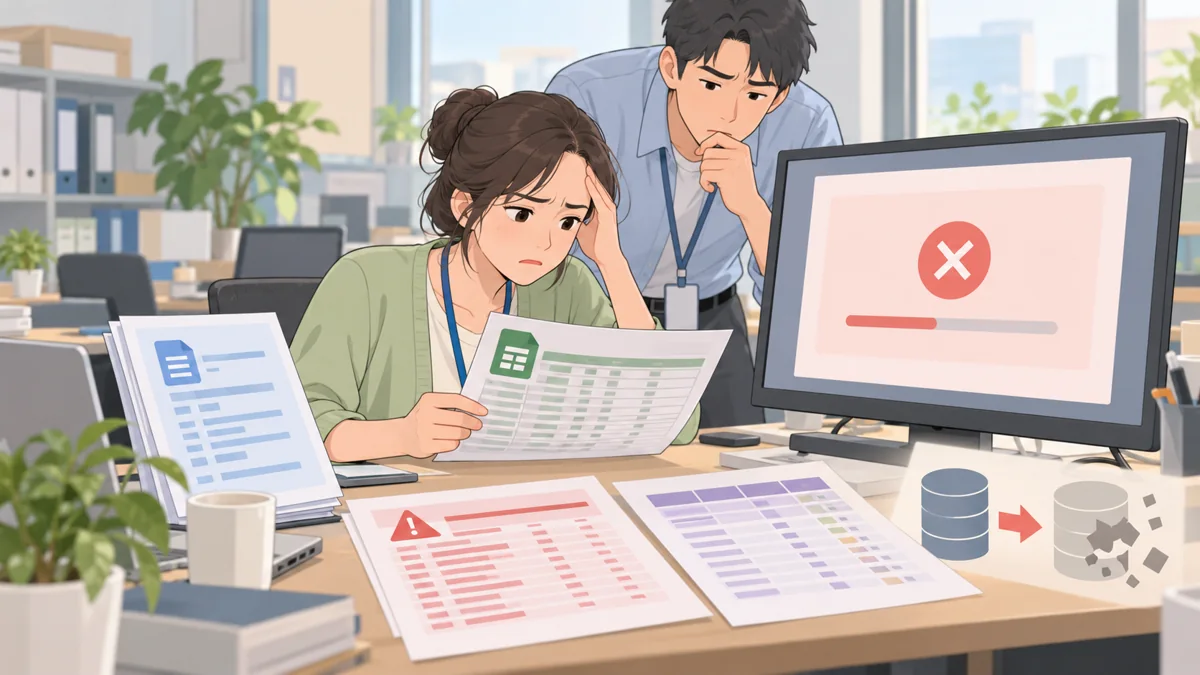 源CSV、导入规范、错误日志、字段样本构成的简洁淡色平面卡通工作场景