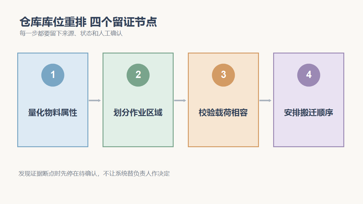 量化物料属性、划分作业区域、校验载荷相容、安排搬迁顺序四个检查节点
