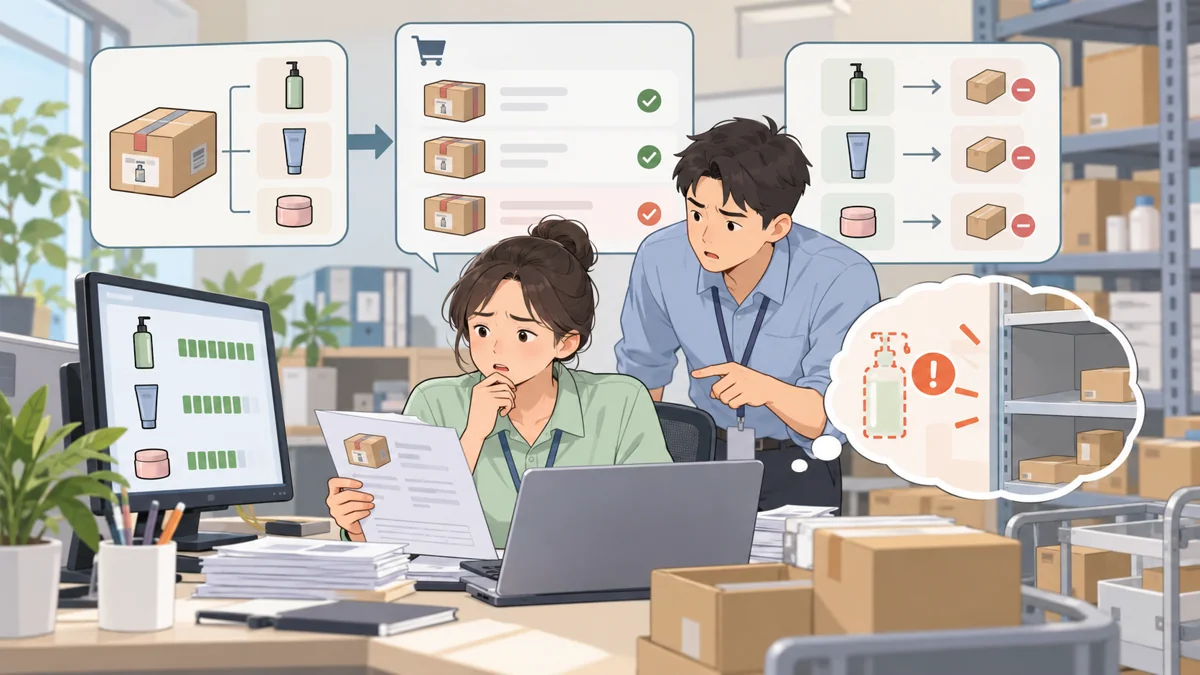 套装组成、订单、组件扣减流水构成的简洁淡色平面卡通工作场景