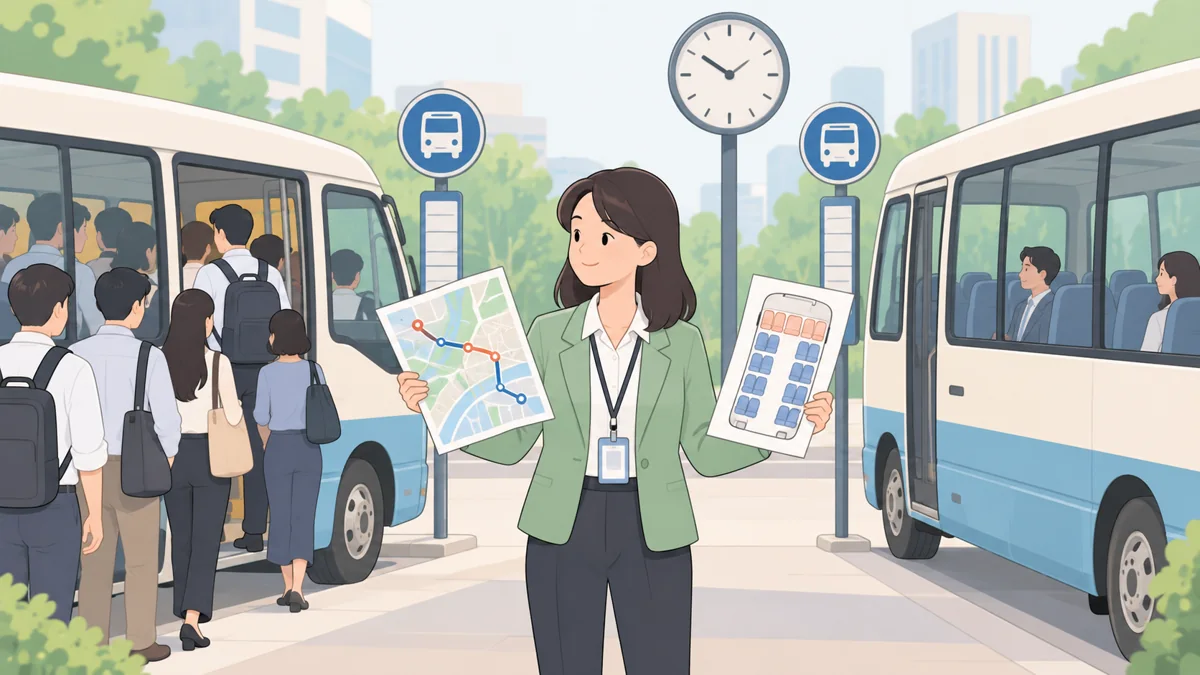 线路地图、座位表、满员班车、空座班车构成的简洁淡色平面卡通工作场景