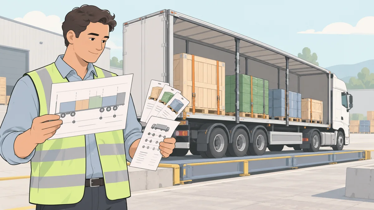 多轴货车、货位图、托盘重量卡、轴组称重单构成的简洁淡色平面卡通工作场景